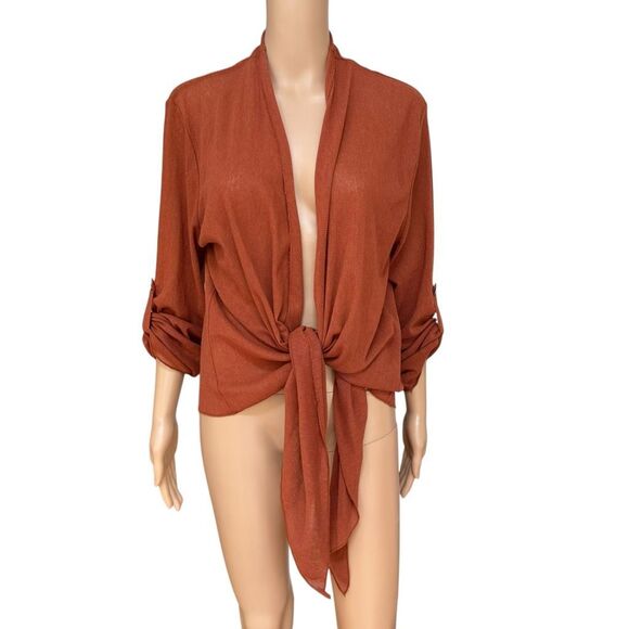 Soft Surroundings Sweaters - Soft Surroundings open cardigan rust spice Roll Tab thin knit asymmetrical sz XL